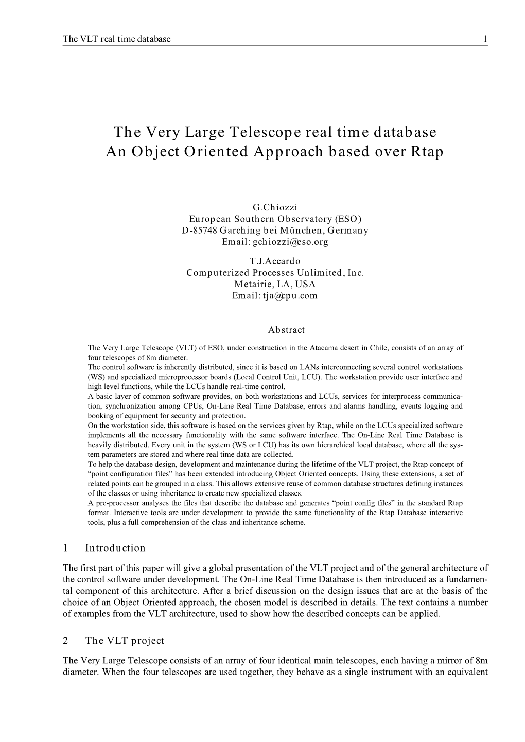 The Very Large Telescope Real Time Database an Object Oriented Approach Based Over Rtap