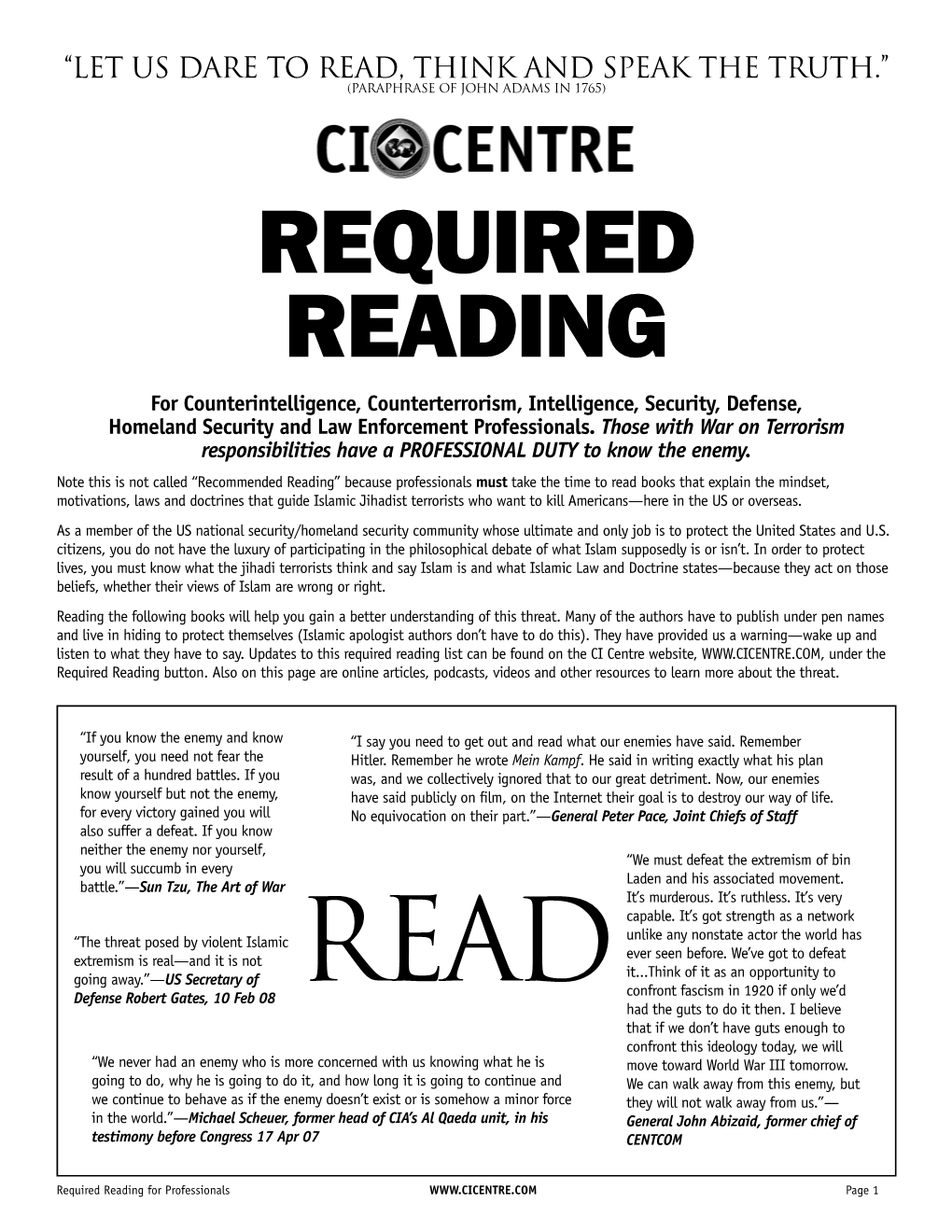 REQUIRED READING for Counterintelligence, Counterterrorism, Intelligence, Security, Defense, Homeland Security and Law Enforcement Professionals