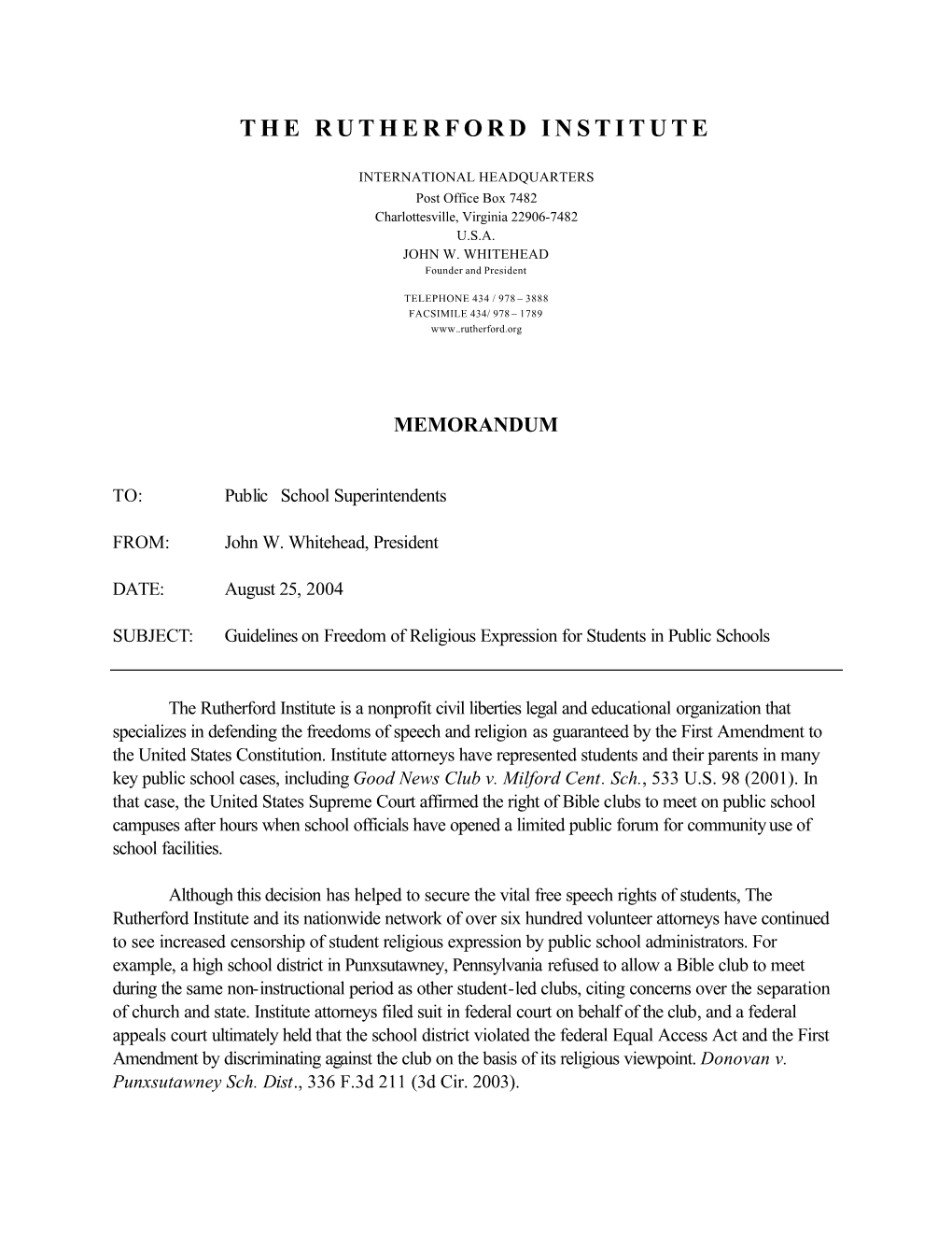 The Rutherford Institute's Legal Memorandum to Public School Superintendents