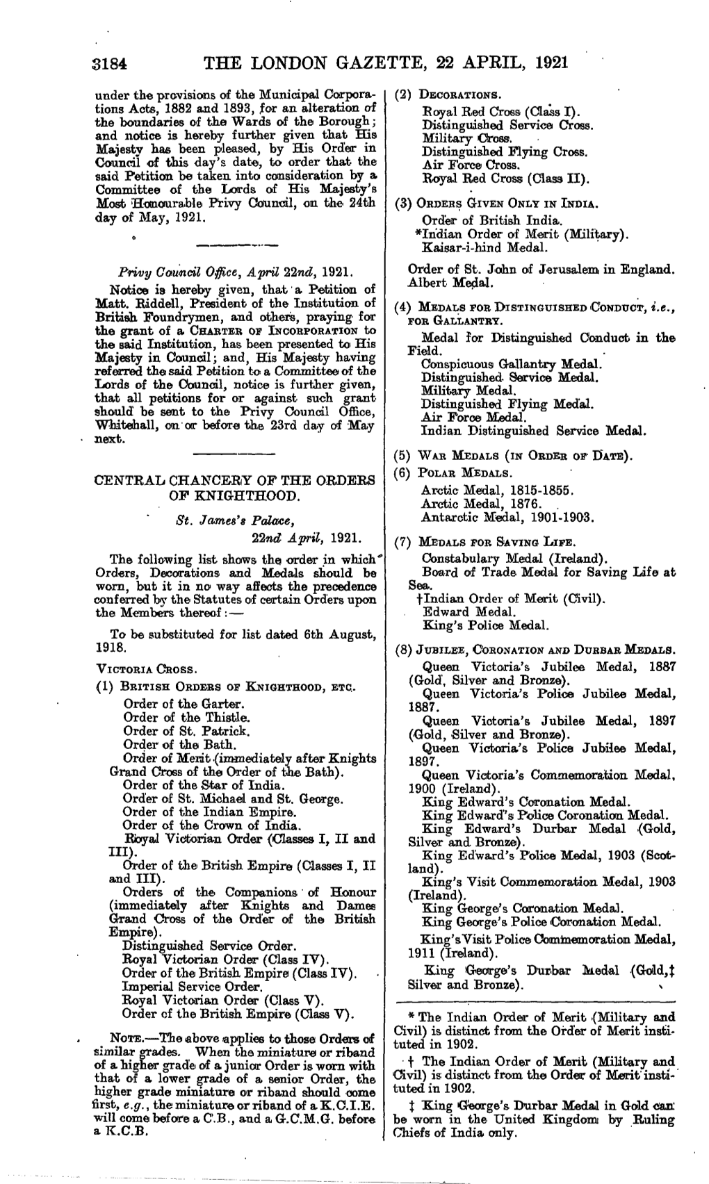 THE LONDON GAZETTE, 22 APRIL, 1921 Under the Provisions of the Municipal Corpora- (2) DECORATIONS