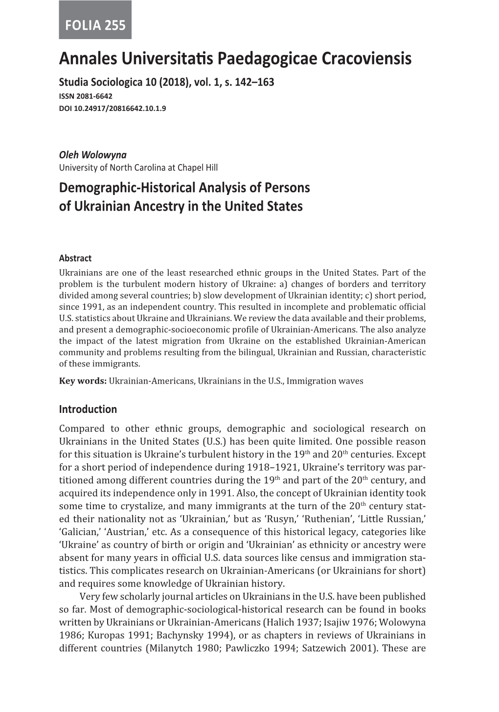 Demographic-Historical Analysis of Persons of Ukrainian Ancestry in the United States