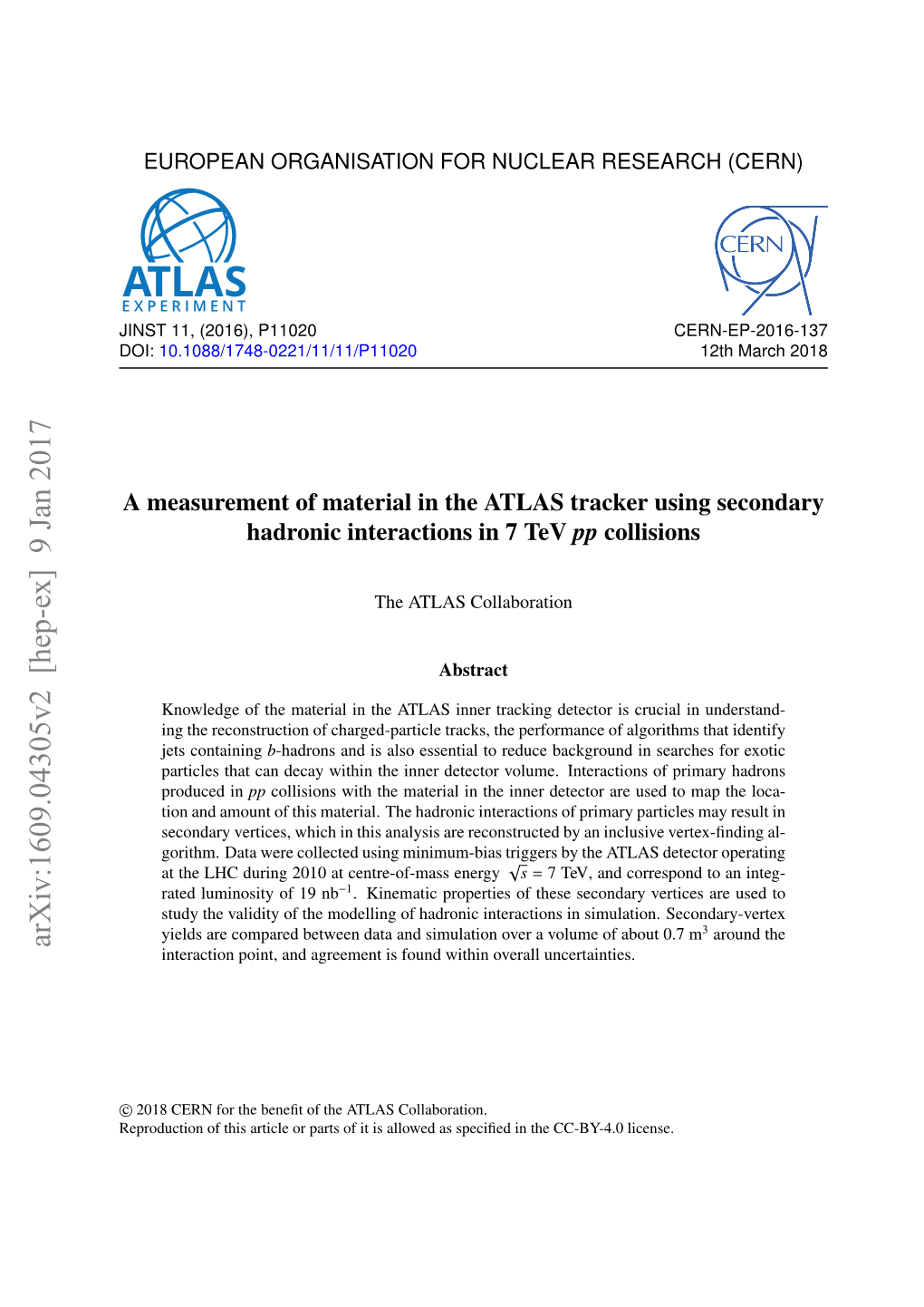 A Measurement of Material in the ATLAS Tracker Using Secondary Hadronic Interactions in 7 Tev Pp Collisions