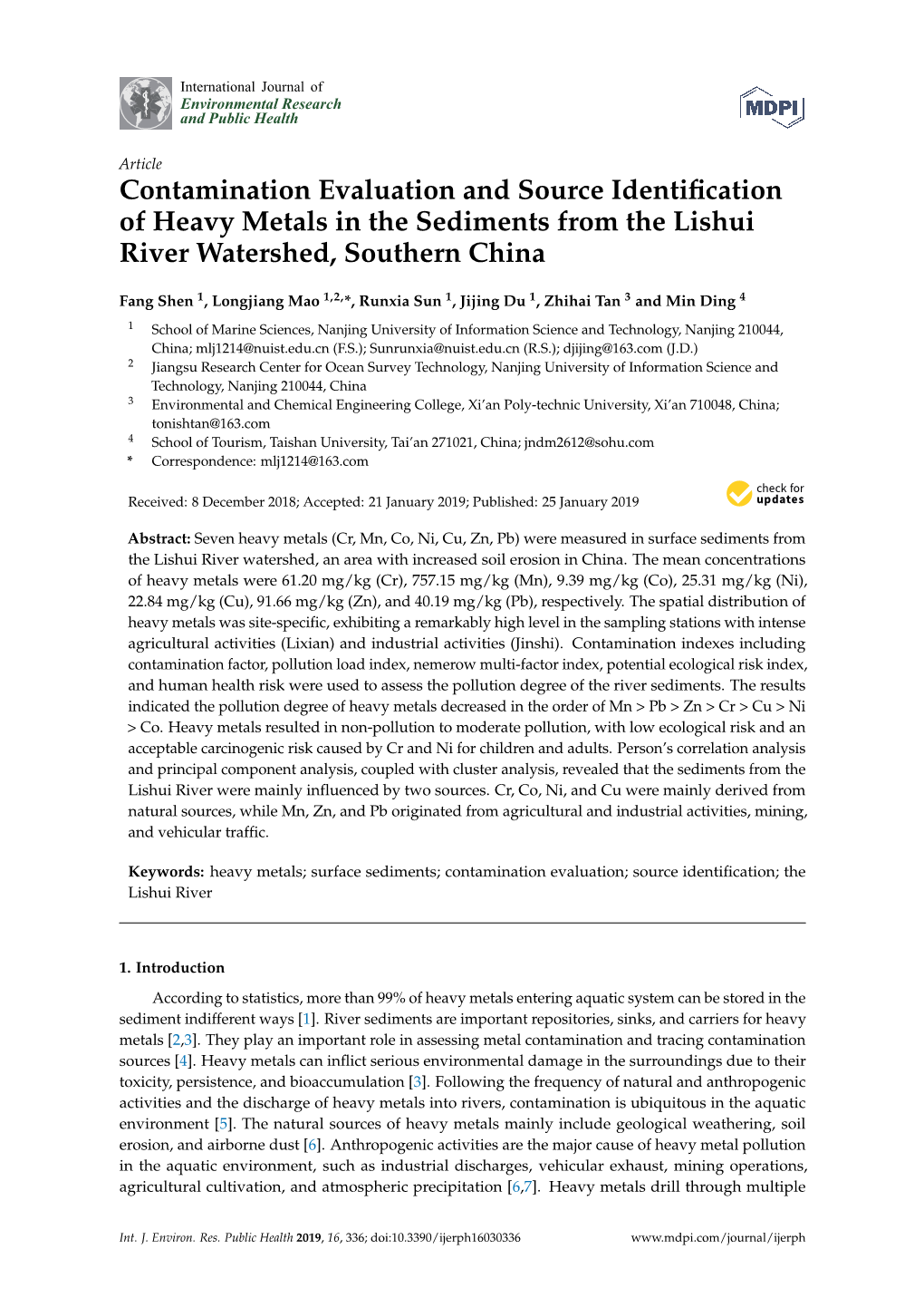 Contamination Evaluation and Source Identification of Heavy Metals in the Sediments from the Lishui River Watershed, Southern Ch