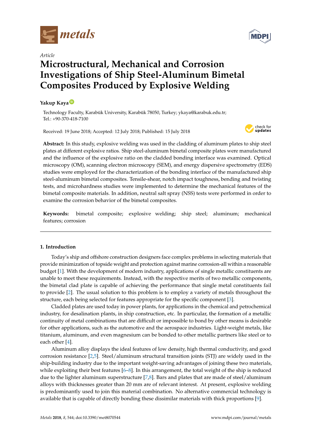 Microstructural, Mechanical and Corrosion Investigations of Ship Steel-Aluminum Bimetal Composites Produced by Explosive Welding