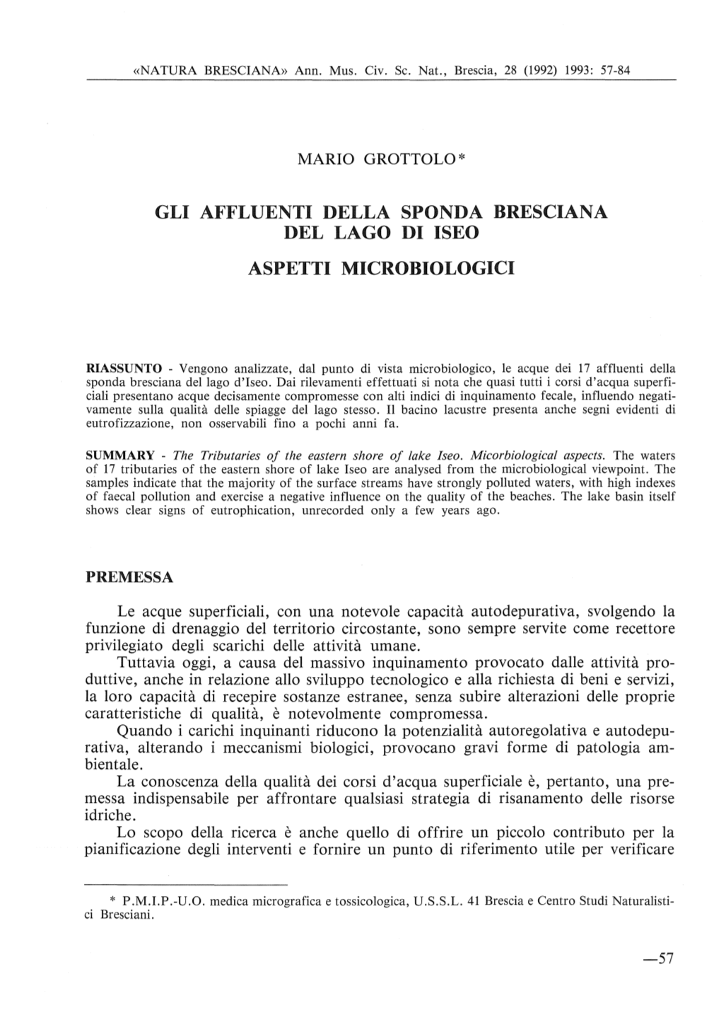 Gli Affluenti Della Sponda Bresciana Del Lago Di Iseo Aspetti Microbiologici