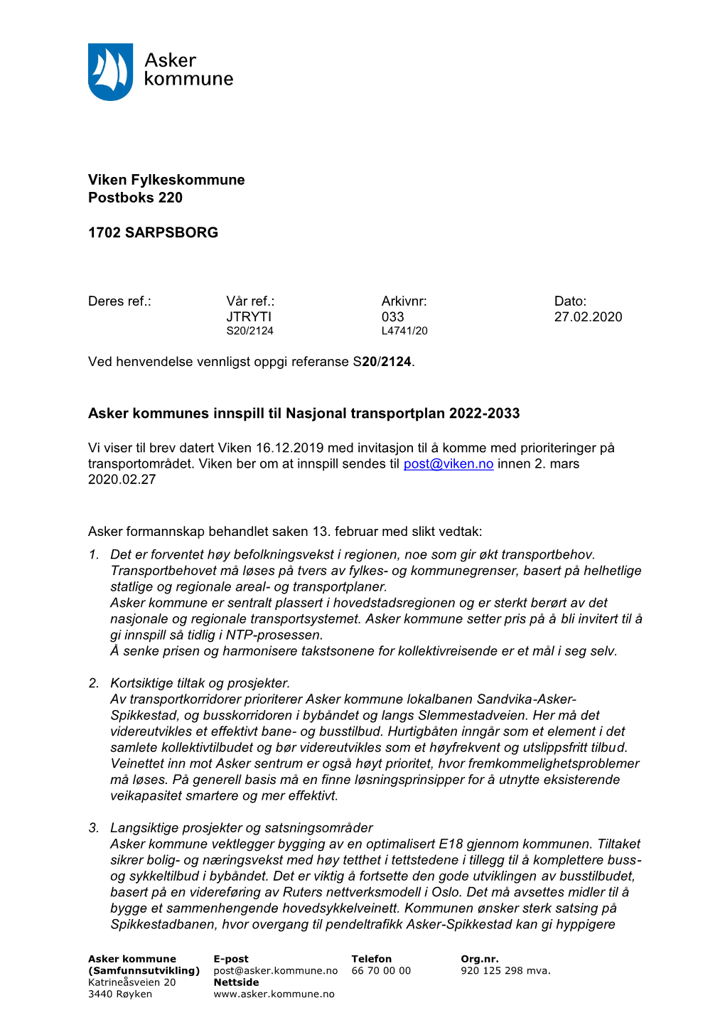 Innspill Til NTP 2022–2033 – Asker