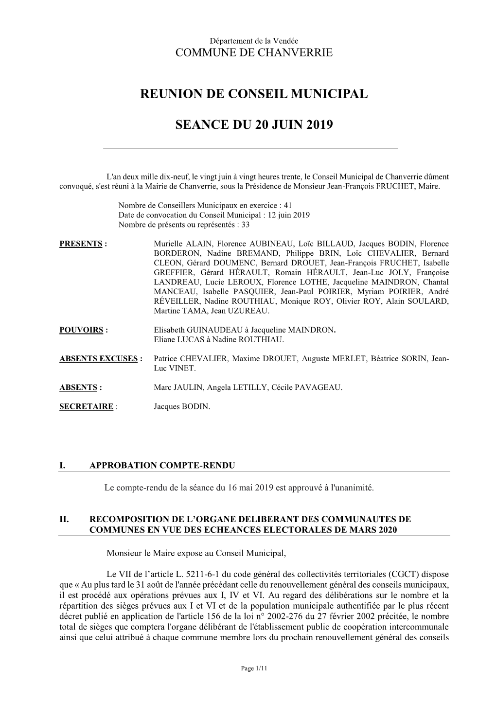 Reunion De Conseil Municipal Seance Du 20 Juin 2019