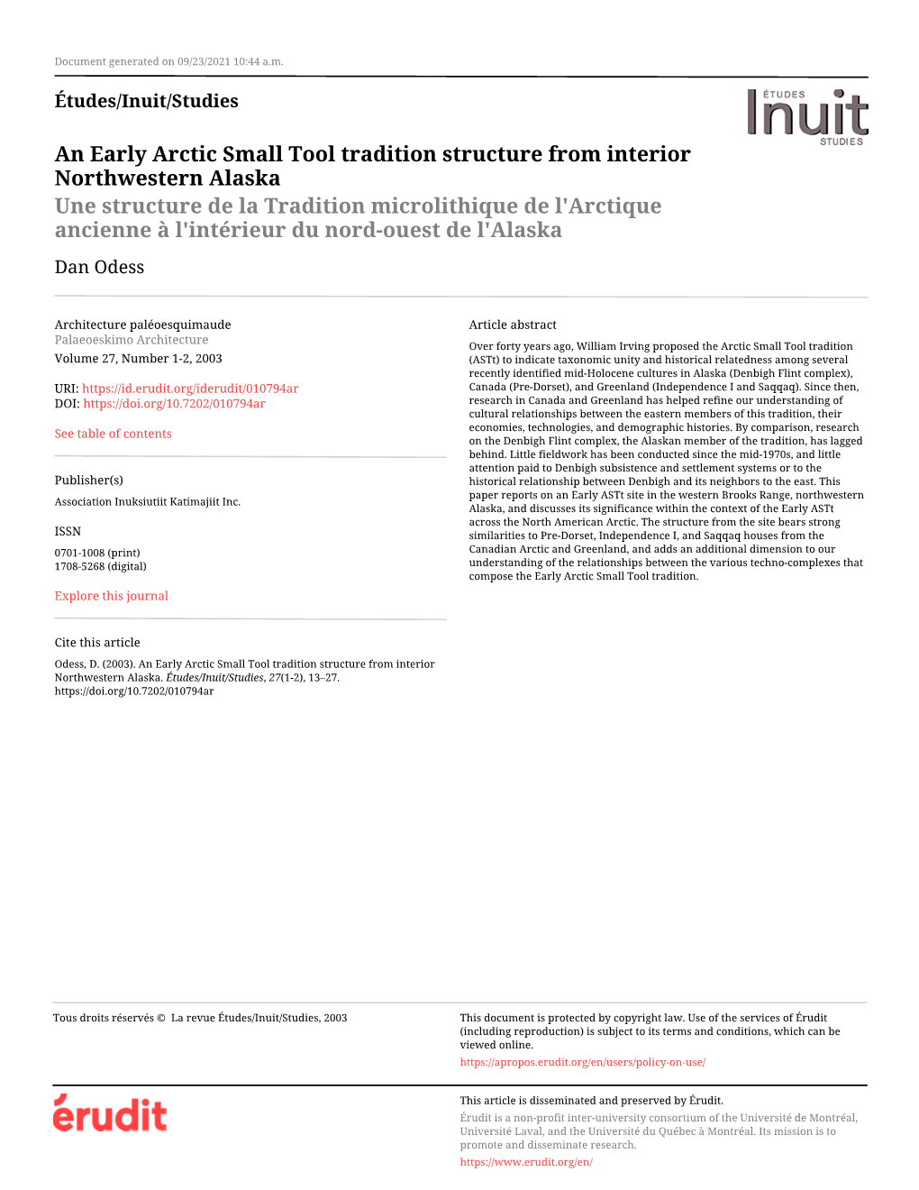 An Early Arctic Small Tool Tradition Structure from Interior Northwestern