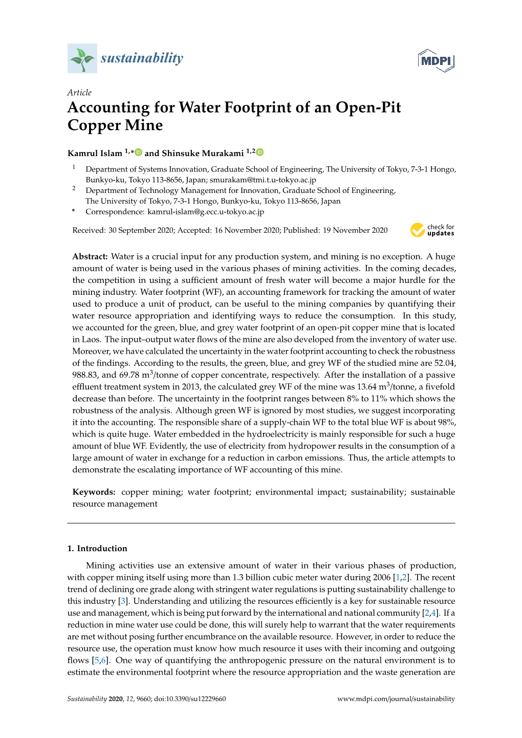 Accounting for Water Footprint of an Open-Pit Copper Mine