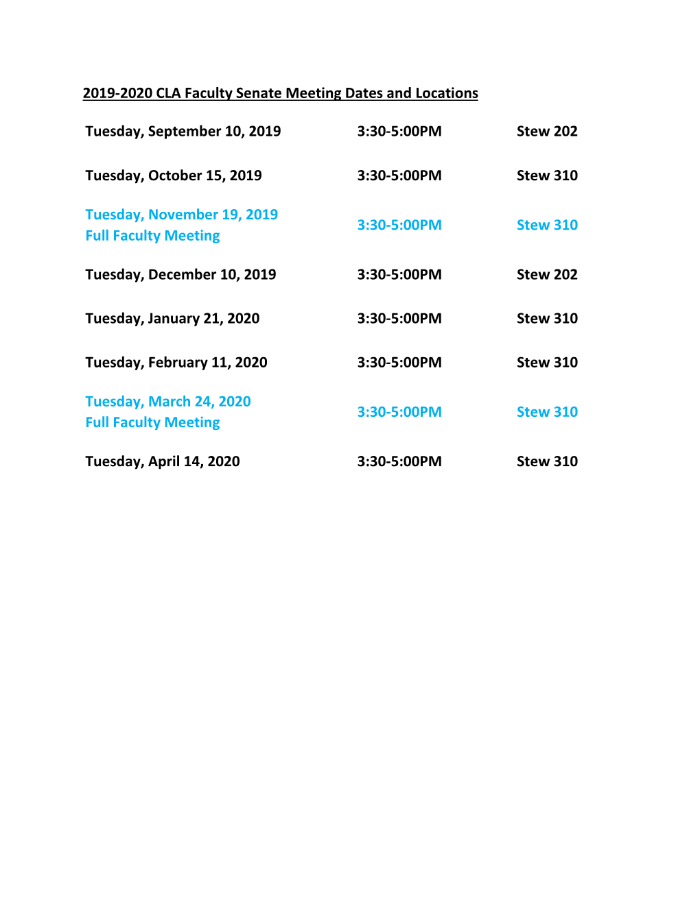 2019-2020 CLA Faculty Senate Meeting Dates and Locations