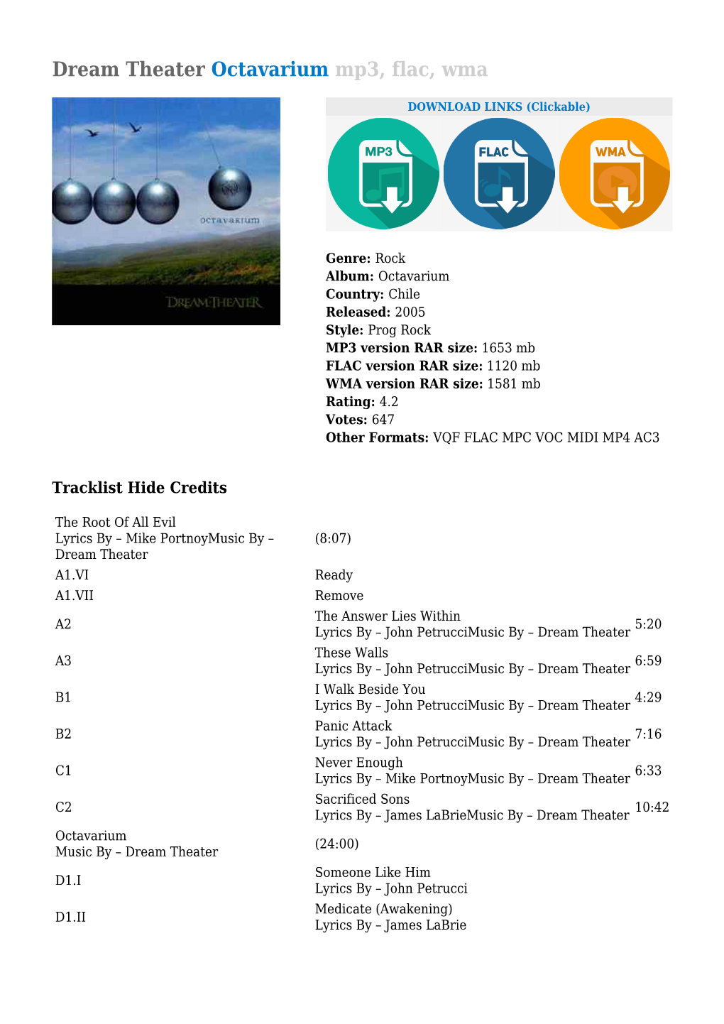 Dream Theater Octavarium Mp3, Flac, Wma