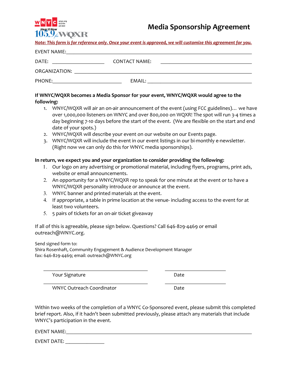 Note: This Form Is for Reference Only. Once Your Event Is Approved, We Will Customize