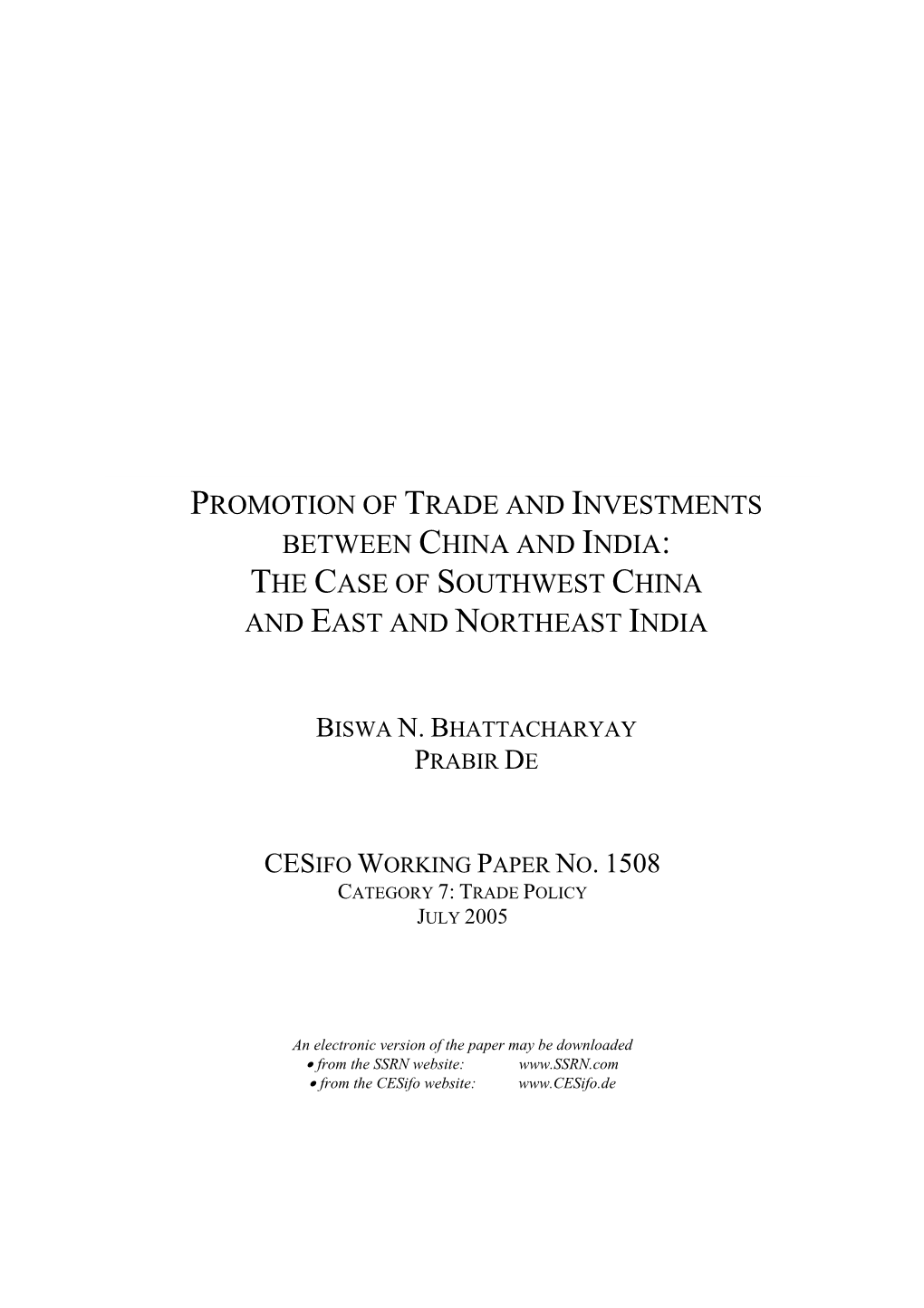 Promotion of Trade and Investments Between China and India: the Case of Southwest China and East and Northeast India