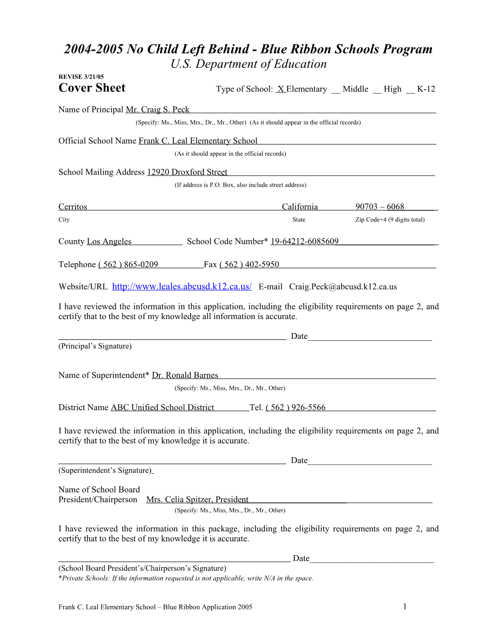 Frank C. Leal Elementary School Application: 2004-2005, No Child Left Behind - Blue Ribbon