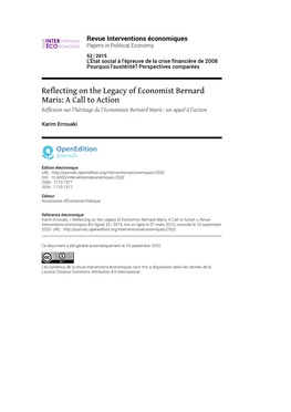 Revue Interventions Économiques, 52 | 2015 Reflecting on the Legacy of Economist Bernard Maris: a Call to Action 2