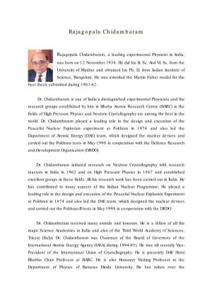 Rajagopala Chidambaram, a Leading Experimental Physicist in India, Was Born on 12 November 1936