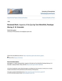 Reviewed Work: Aspects of the Epic by Tom Winnifrith, Penelope Murray, K