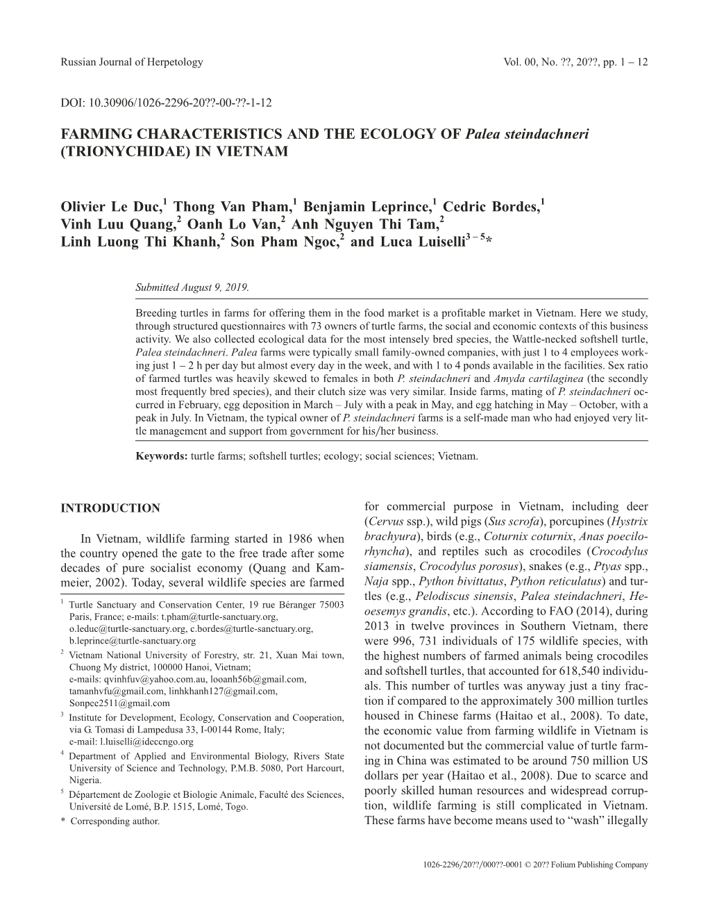 (TRIONYCHIDAE) in VIETNAM Olivier Le Duc,1 Thong Van Pham,1 Benja