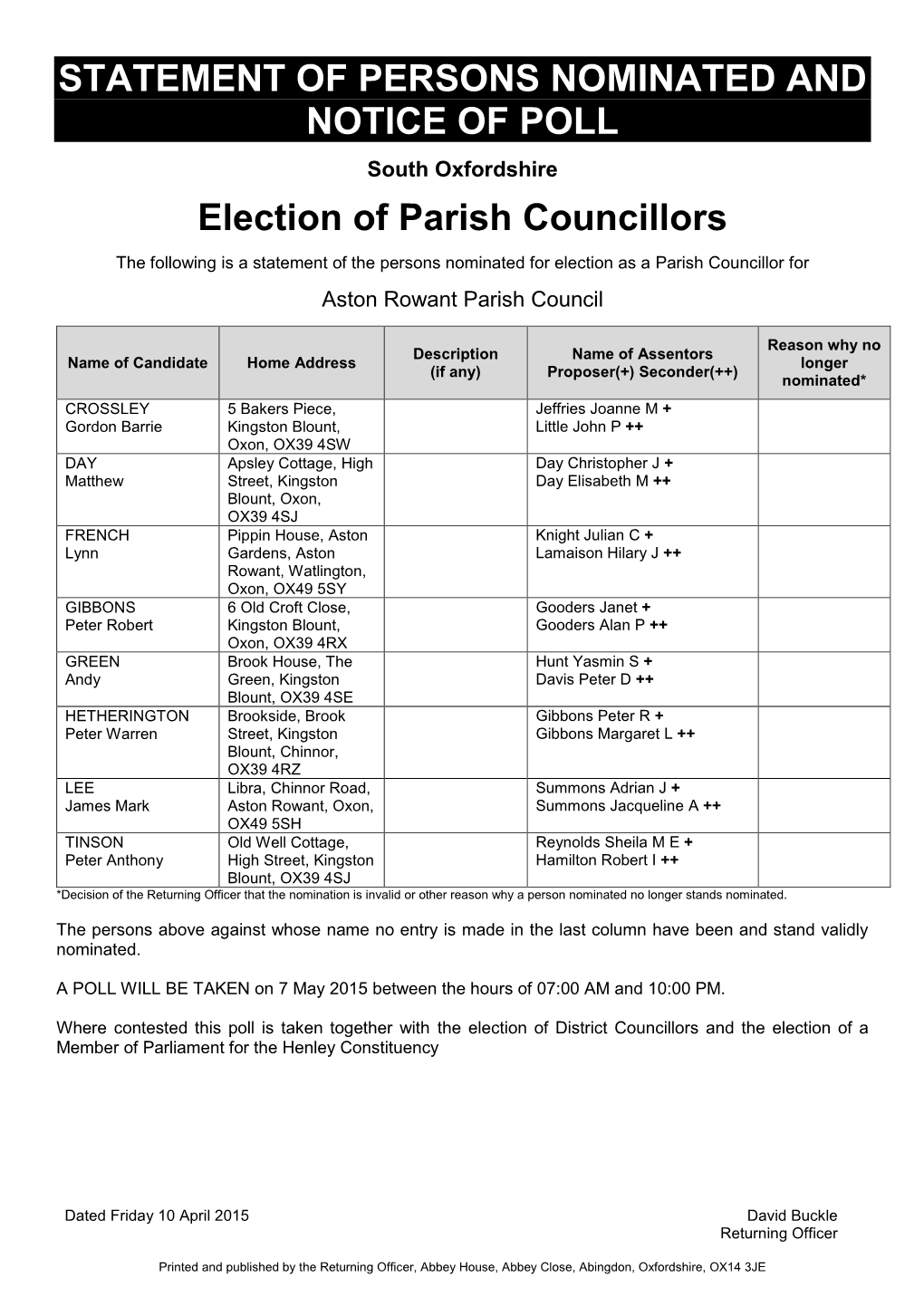 STATEMENT of PERSONS NOMINATED and NOTICE of POLL Election of Parish Councillors