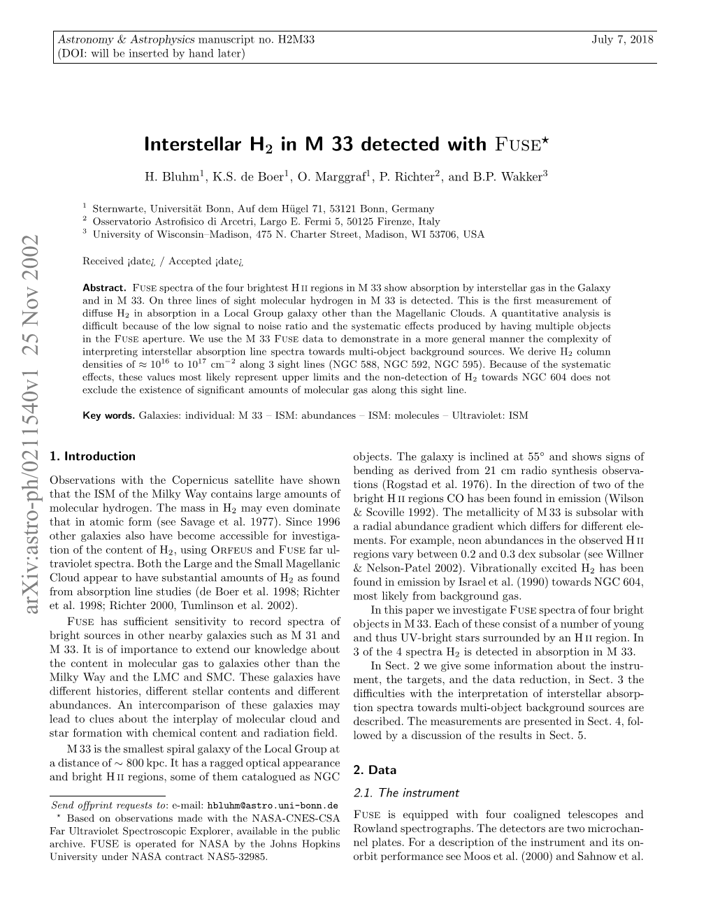 Interstellar H2 in M 33 Detected with Fuse