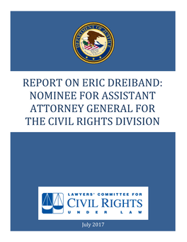 Report on Eric Dreiband: Nominee for Assistant Attorney General for the Civil Rights Division