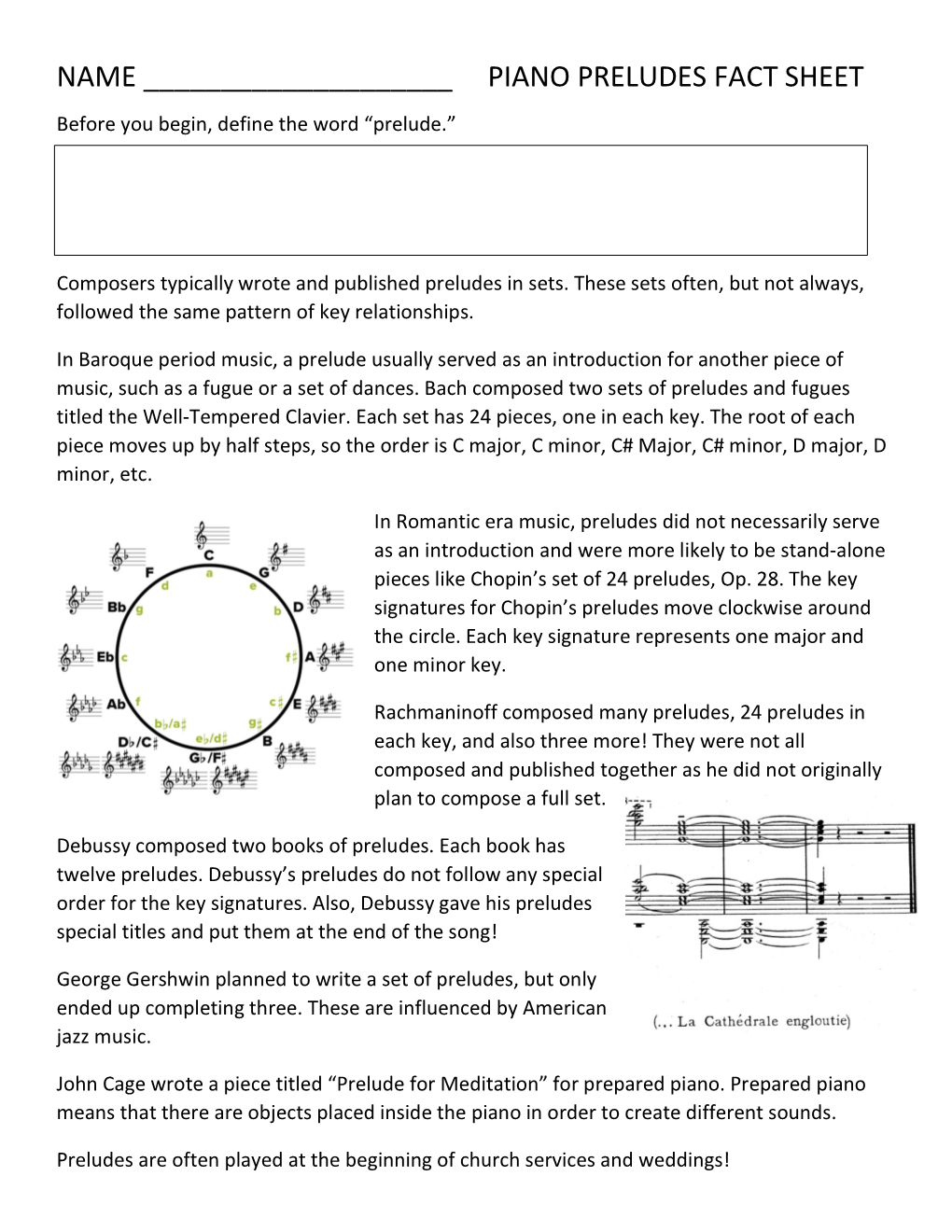 PIANO PRELUDES FACT SHEET Before You Begin, Define the Word “Prelude.”