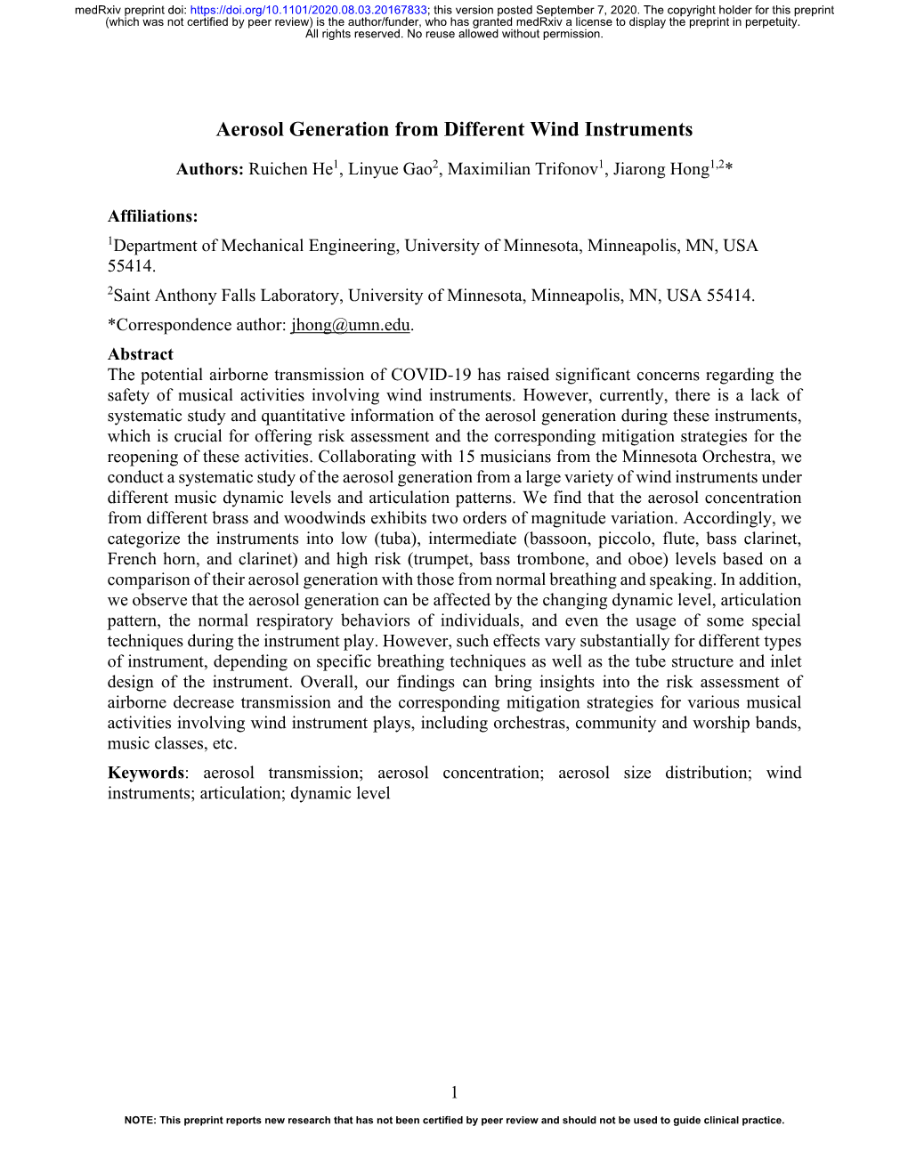 Aerosol Generation from Different Wind Instruments