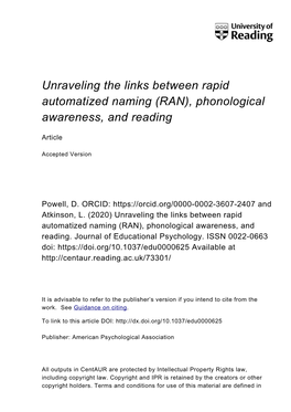 (RAN), Phonological Awareness, and Reading