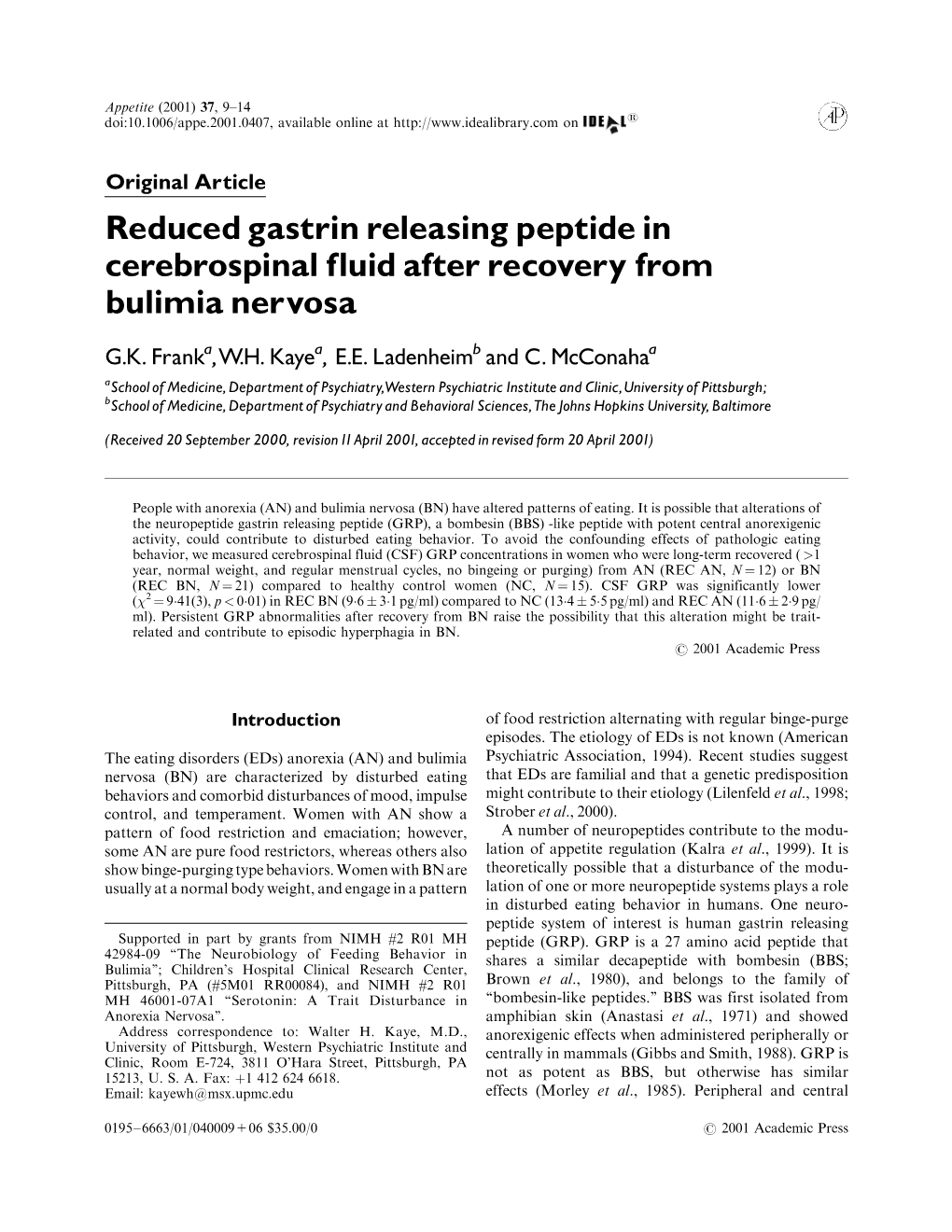 Reduced Gastrin Releasing Peptide in Cerebrospinal Fluid After Recovery from Bulimia Nervosa