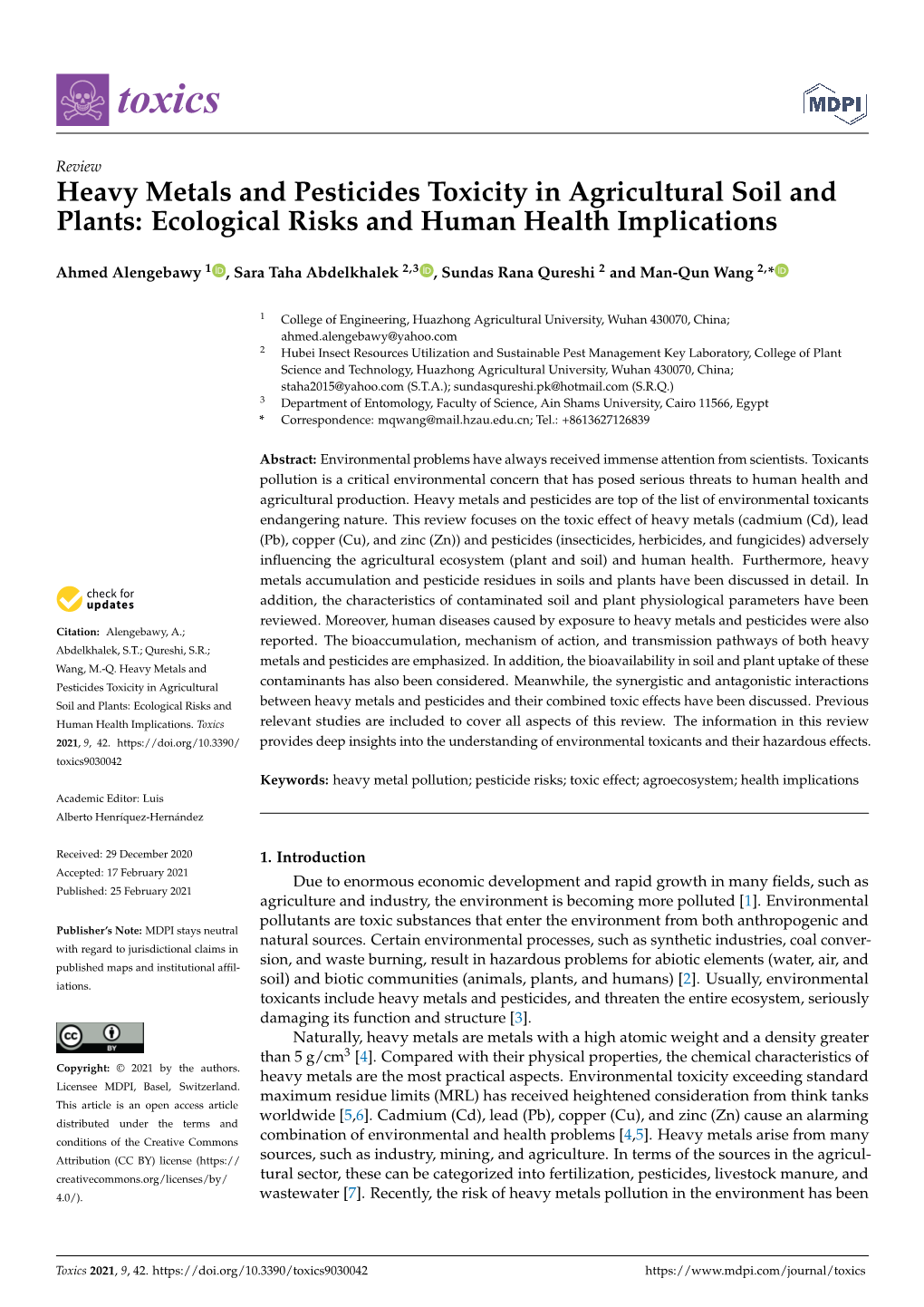 Heavy Metals and Pesticides Toxicity in Agricultural Soil and Plants: Ecological Risks and Human Health Implications