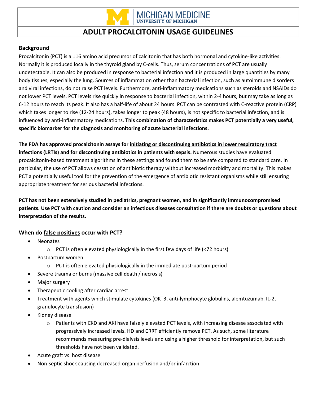 Adult Procalcitonin Usage Guidelines