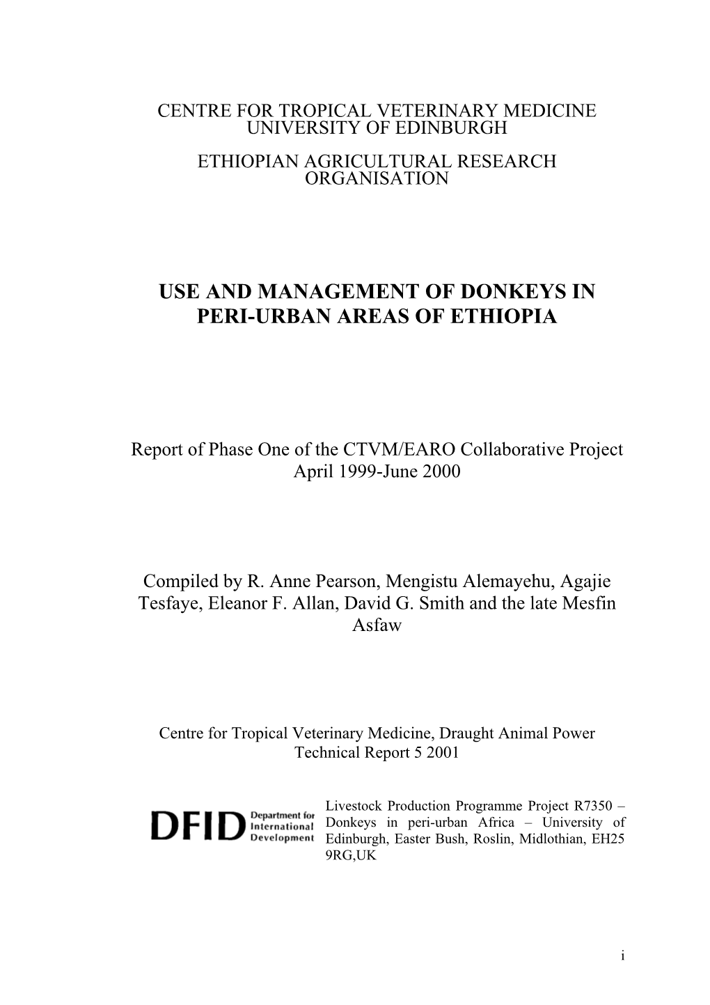 Use and Management of Donkeys in Peri-Urban Areas of Ethiopia