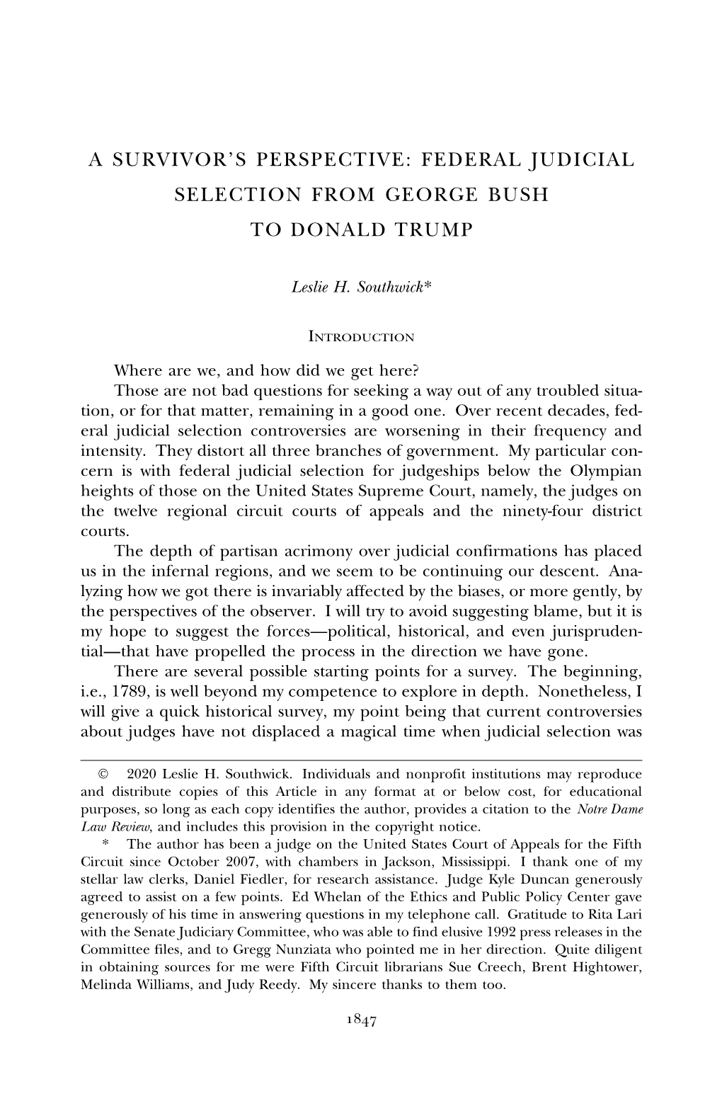 A Survivor's Perspective: Federal Judicial Selection from George Bush to Donald Trump