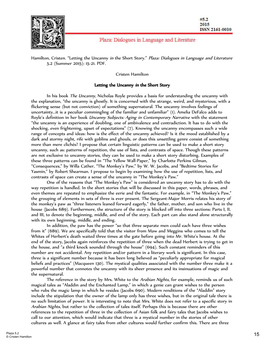 Hamilton, Cristen. “Letting the Uncanny in the Short Story.” Plaza: Dialogues in Language and Literature 5.2 (Summer 2015): 15-21