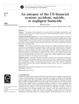 An Autopsy of the US Financial System