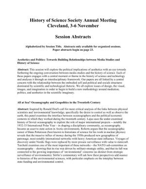 History of Science Society Annual Meeting Cleveland, 3-6 November