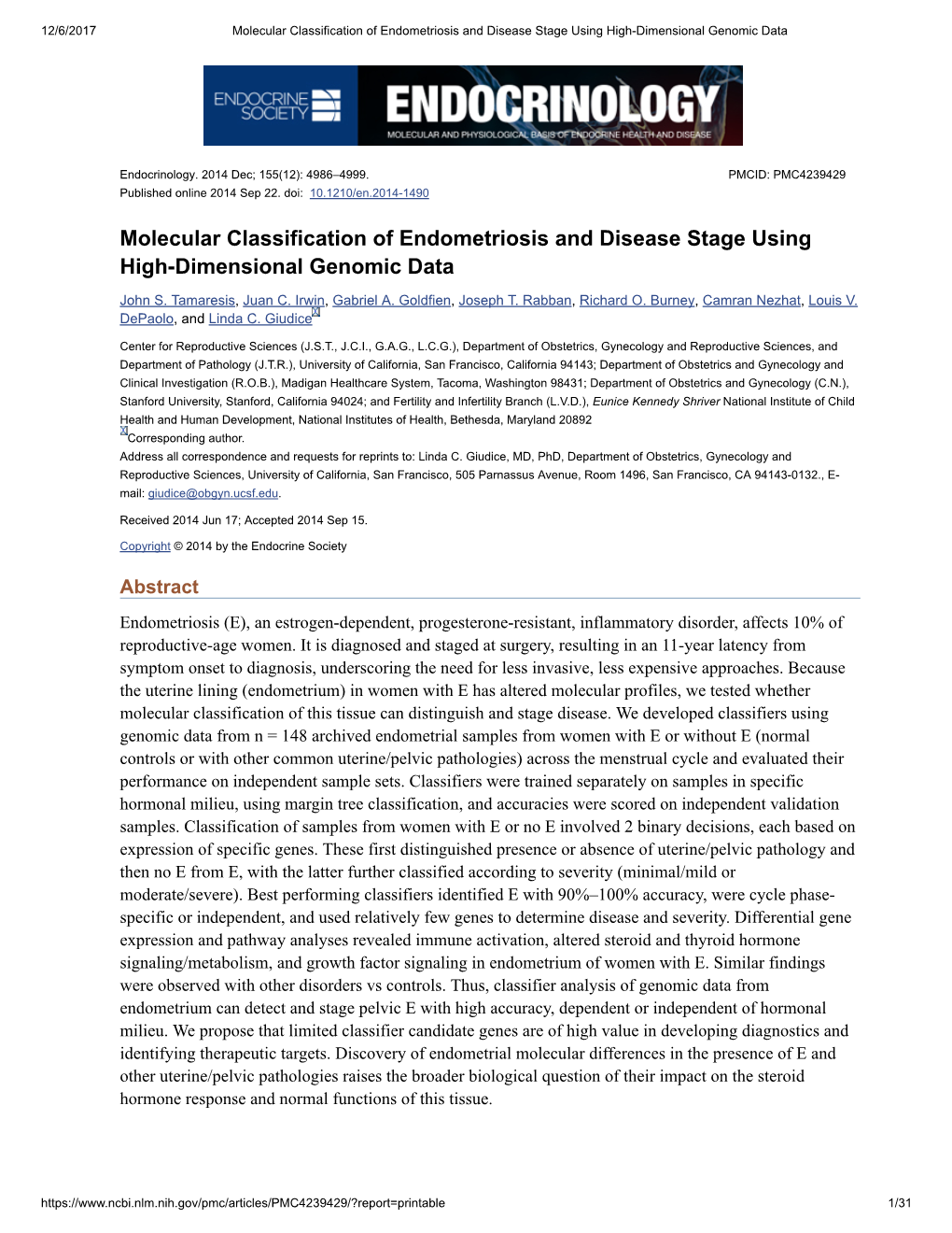 Molecular Classification of Endometriosis and Disease Stage Using High-Dimensional Genomic Data