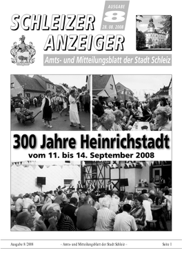Ausgabe 8/2008 – Amts- Und Mitteilungsblatt Der Stadt Schleiz – Seite 1 HEINRICHSTÄDTER KIRMES