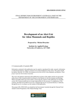 Development of an Alert List for Alien Mammals and Reptiles