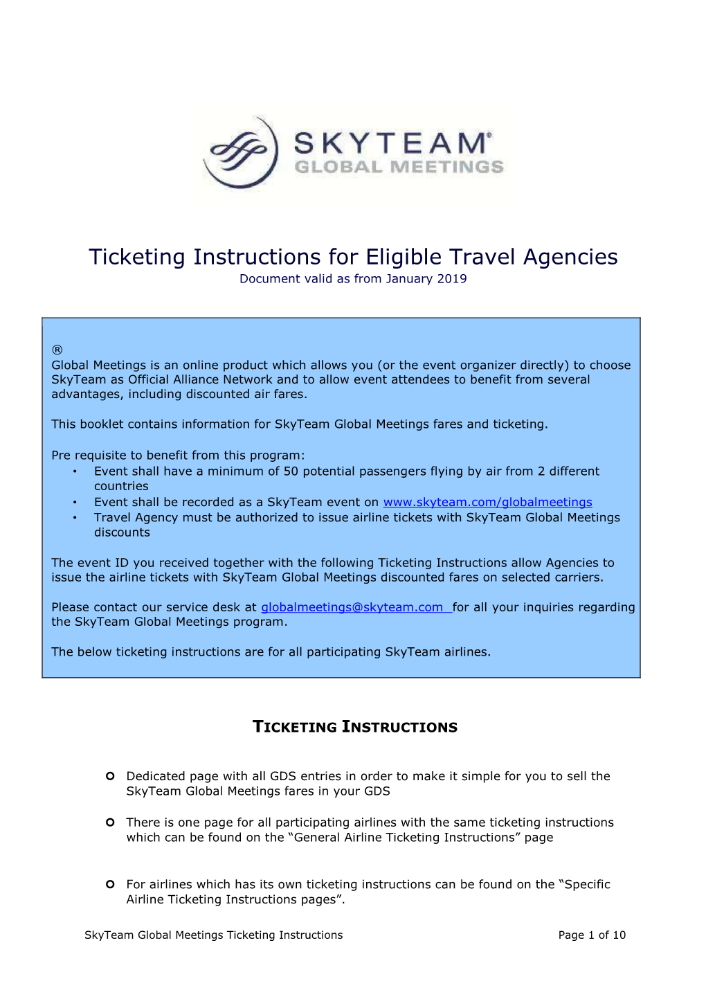 Ticketing Instructions for Eligible Travel Agencies Document Valid As from January 2019