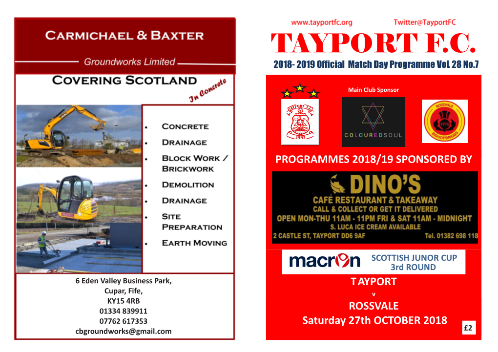 TAYPORT F.C. 2018- 2019 Official Match Day Programme Vol 28 No.7