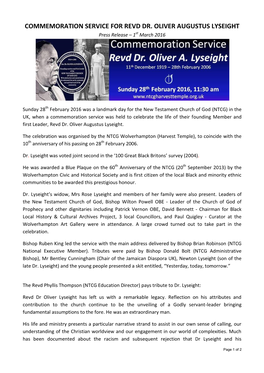 COMMEMORATION SERVICE for REVD DR. OLIVER AUGUSTUS LYSEIGHT Press Release – 1St March 2016