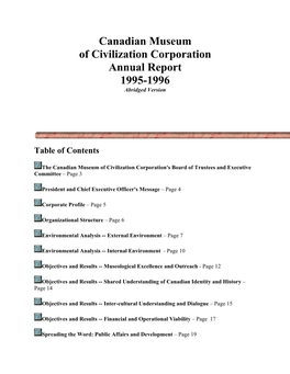 Canadian Museum of Civilization Corporation Annual Report 1995-1996 Abridged Version