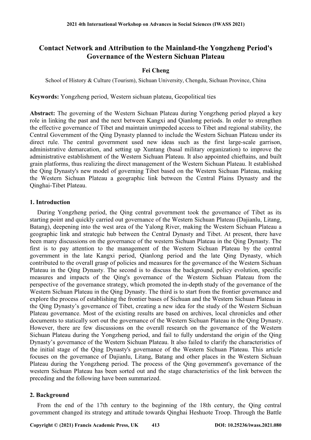 Contact Network and Attribution to the Mainland-The Yongzheng Period's Governance of the Western Sichuan Plateau