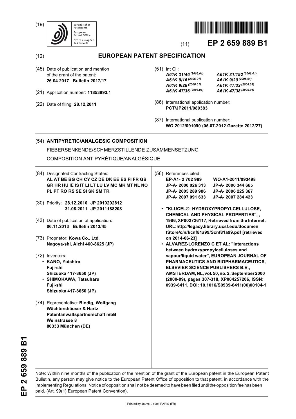 Antipyretic/Analgesic Composition Fiebersenkende/Schmerzstillende Zusammensetzung Composition Antipyrétique/Analgésique