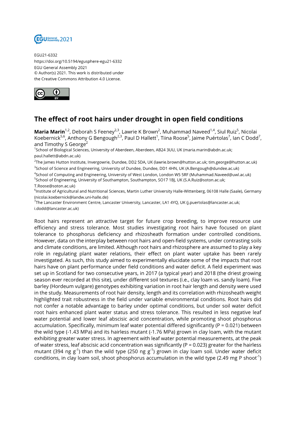 The Effect of Root Hairs Under Drought in Open Field Conditions