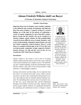Johann Friedrich Wilhelm Adolf Von Baeyer a Pioneer of Synthetic Organic Chemistry