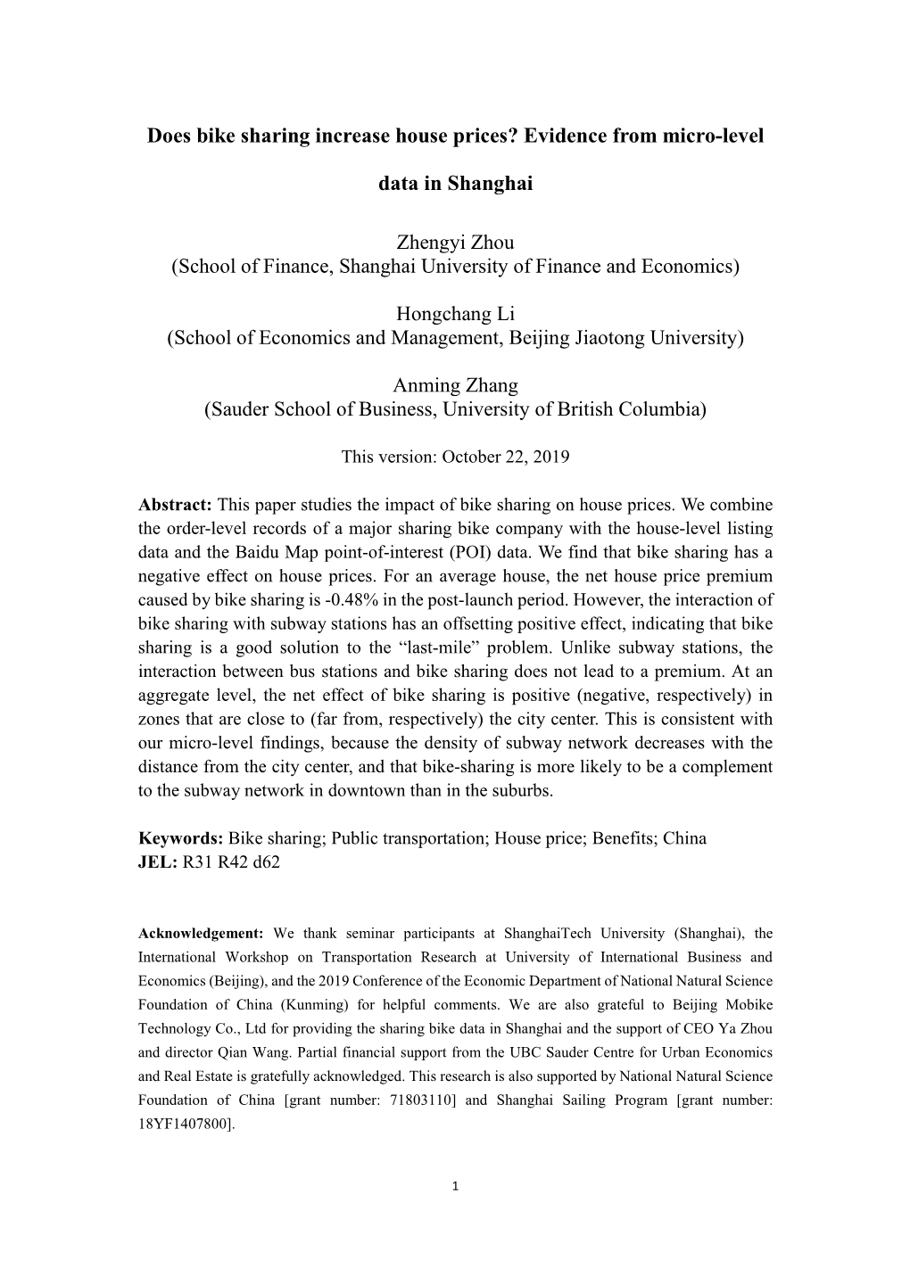 Does Bike Sharing Increase House Prices? Evidence from Micro-Level Data in Shanghai