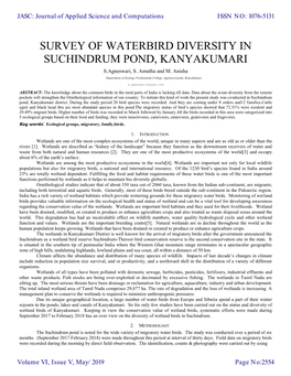 SURVEY of WATERBIRD DIVERSITY in SUCHINDRUM POND, KANYAKUMARI S.Agneswari, S