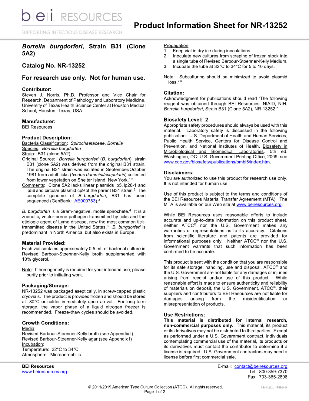 Borrelia Burgdorferi, Strain B31 (Clone 5A2), NR-13252.”